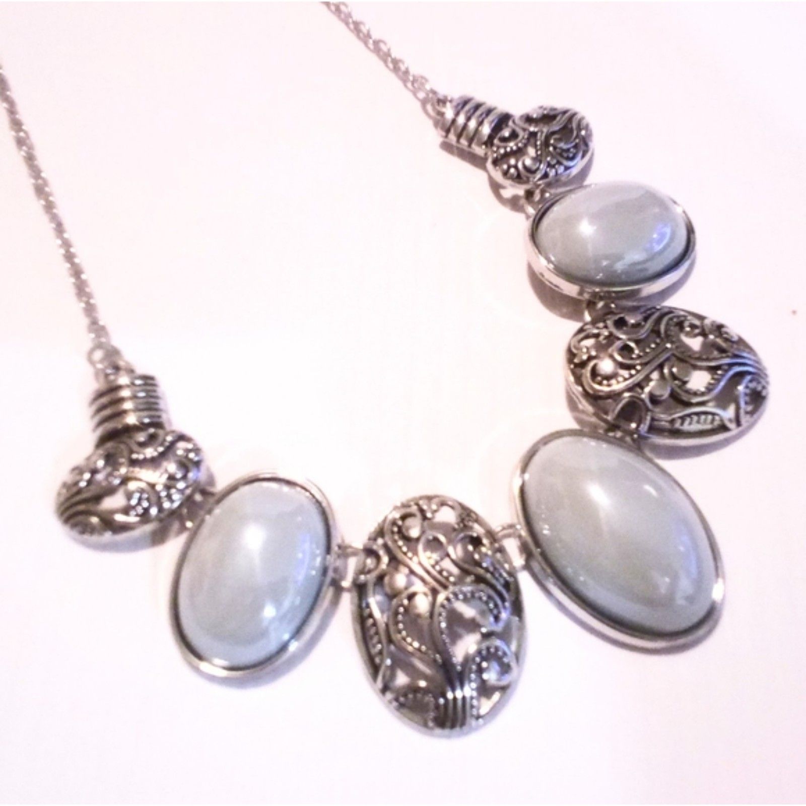 Silver Tone And Cabochon Statement Necklace